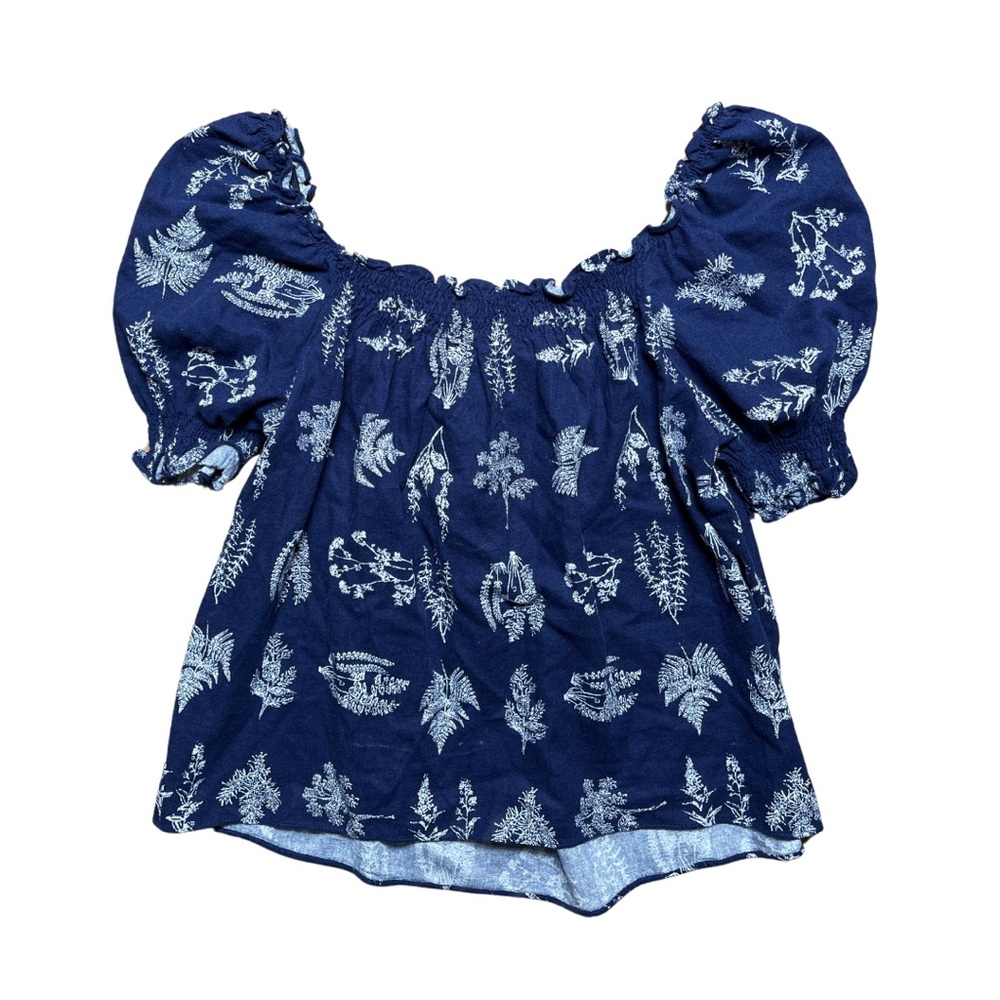 Pomander Place Tuckernuck Linen Blouse Large Quiet Luxury Ruffle Smocked Preppy - Picture 2 of 4